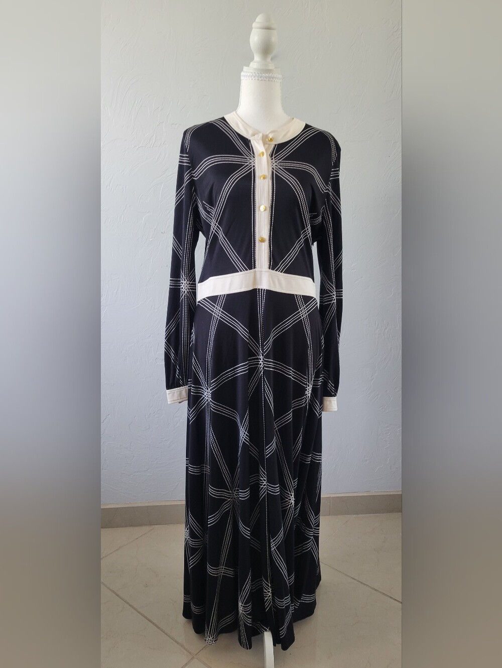 Tory Burch Maxi Dress L Geometric Mod Quiet Luxury Preppy - Picture 2 of 15